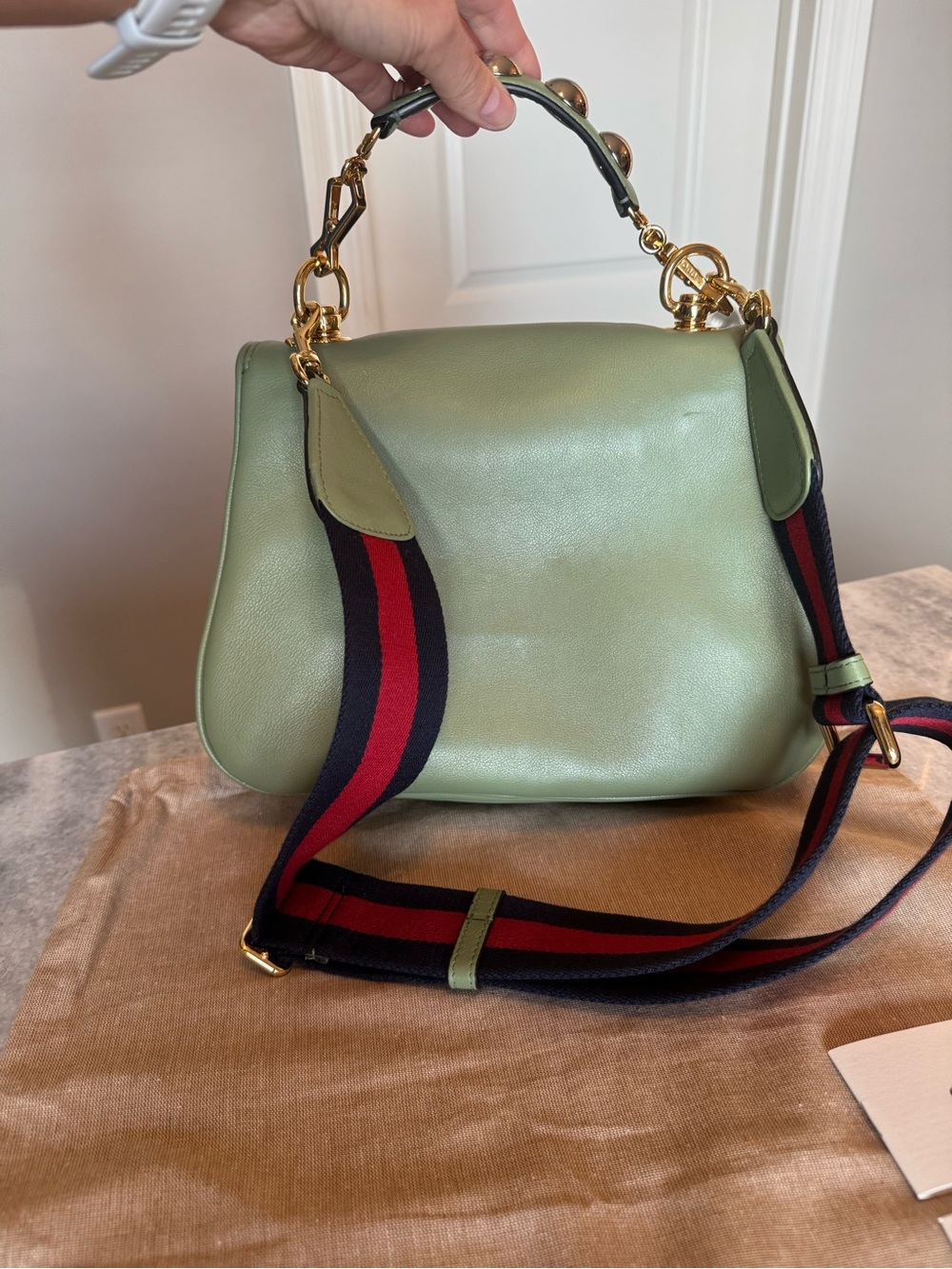Gucci Blondie Green Leather Shoulder Bag with oversized Gold GG - Picture 7 of 16